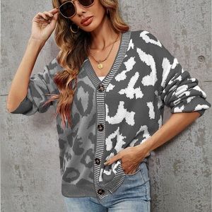 New In Leopard Color Block Patchwork Women's Knit Cardigan Sweater Button Down